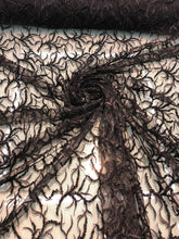 Hand beaded floral design black lace on meah fabric sold by the yard