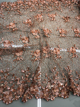 Crochet lace, beautiful floral crochet spiderweb lace with 3D flowers attached   39&quot; wide copper color lace fabroc sold by the yard