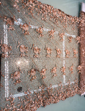 Crochet lace, beautiful floral crochet spiderweb lace with 3D flowers attached   39&quot; wide copper color lace fabroc sold by the yard