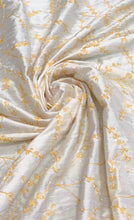 100% silk shantung hand embroidery 54&quot; wide    Beautiful white shantung/ yellow gold hand embroidered silk shantung fabric sold by the yard