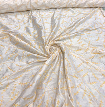 100% silk shantung hand embroidery 54&quot; wide    Beautiful white shantung/ yellow gold hand embroidered silk shantung fabric sold by the yard