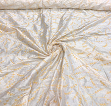 100% silk shantung hand embroidery 54&quot; wide    Beautiful white shantung/ yellow gold hand embroidered silk shantung fabric sold by the yard