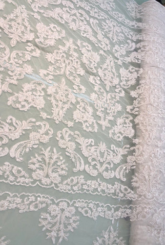 Hand beaded re-embroided bridal lace, 52” wide