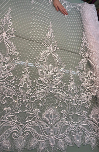 White bridal lace 52" wide   Beautiful white      re embroidered bridal border style lace fabric sold by the yard