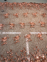 Crochet lace, beautiful floral crochet spiderweb lace with 3D flowers attached   39&quot; wide copper color lace fabroc sold by the yard