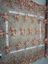 Crochet lace, beautiful floral crochet spiderweb lace with 3D flowers attached   39&quot; wide copper color lace fabroc sold by the yard