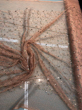 Mesh fabric with sequin embroidery, beautiful champagne color mesh with gold sequin 52&quot; wide fabric sold by the yard