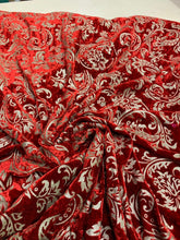 Velvet embosed with gold matalic damask floral design 45&quot; wide   Beautiful red gold embossed velvet sold by the yard