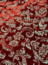 Velvet embosed with gold matalic damask floral design 45&quot; wide   Beautiful red gold embossed velvet sold by the yard