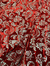 Velvet embosed with gold matalic damask floral design 45&quot; wide   Beautiful red gold embossed velvet sold by the yard
