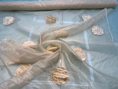 Organza floral embroidery 54" wide   Sold by the yard   Beautiful gold color embroidered floral design   Best Used for apparel