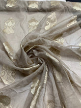 Silk organza jaquard fabric 45&quot; wide    Beautiful beige with matalic gold jaquard design sold by the yard best use for appreal & home decor