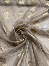 Silk organza jaquard fabric 45&quot; wide    Beautiful beige with matalic gold jaquard design sold by the yard best use for appreal & home decor