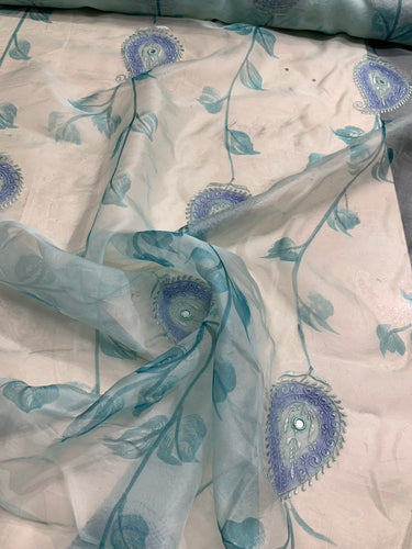Silk organza paisley floral embroidered with hand paint & mirror embroidered 54" wide beautiful aqua blue color sold by the yard