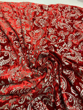 Velvet embosed with gold matalic damask floral design 45&quot; wide   Beautiful red gold embossed velvet sold by the yard
