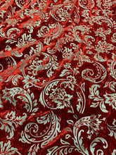 Velvet embosed with gold matalic damask floral design 45&quot; wide   Beautiful red gold embossed velvet sold by the yard