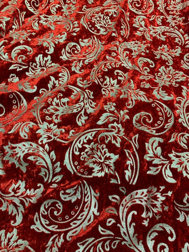 Velvet embosed with gold matalic damask floral design 45" wide   Beautiful red gold embossed velvet sold by the yard