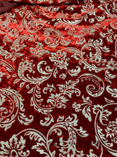 Velvet embosed with gold matalic damask floral design 45&quot; wide   Beautiful red gold embossed velvet sold by the yard