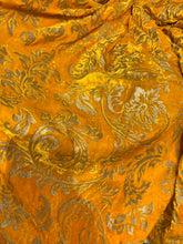 Velvet woth gold embossed damask syle design 45&quot; wide   Beautiful yellow gold color fancy velvet sold bubthe yard   best theatrical costumes
