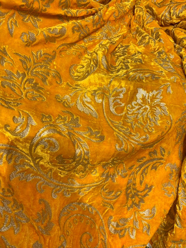 Velvet woth gold embossed damask syle design 45" wide   Beautiful yellow gold color fancy velvet sold bubthe yard   best theatrical costumes