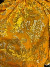 Velvet woth gold embossed damask syle design 45&quot; wide   Beautiful yellow gold color fancy velvet sold bubthe yard   best theatrical costumes