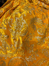 Velvet woth gold embossed damask syle design 45&quot; wide   Beautiful yellow gold color fancy velvet sold bubthe yard   best theatrical costumes