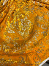 Velvet woth gold embossed damask syle design 45&quot; wide   Beautiful yellow gold color fancy velvet sold bubthe yard   best theatrical costumes