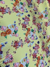 Designer digital printed Charmouse 54â wide.  Beautiful yellow base with colorful flowers print sold by the yard. Best use for apparel