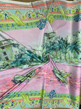 Designer digital printed Charmouse fabric 54â wide.  Beautiful pink greenish landscape design sold by the yard. Best use for apparel