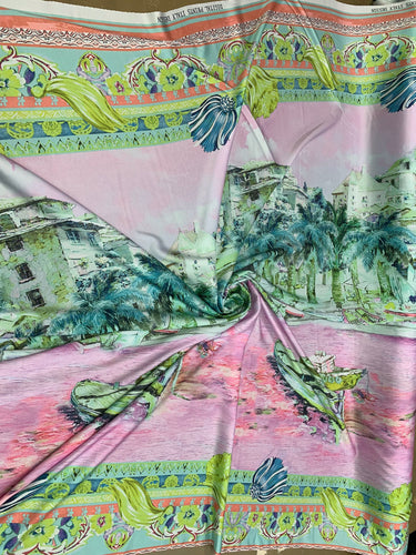 Designer digital printed Charmouse fabric 54â wide.  Beautiful pink greenish landscape design sold by the yard. Best use for apparel