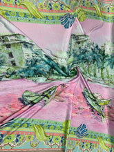 Designer digital printed Charmouse fabric 54â wide.  Beautiful pink greenish landscape design sold by the yard. Best use for apparel