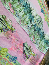 Designer digital printed Charmouse fabric 54â wide.  Beautiful pink greenish landscape design sold by the yard. Best use for apparel