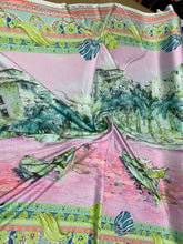 Designer digital printed Charmouse fabric 54â wide.  Beautiful pink greenish landscape design sold by the yard. Best use for apparel