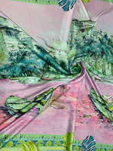 Designer digital printed Charmouse fabric 54â wide.  Beautiful pink greenish landscape design sold by the yard. Best use for apparel