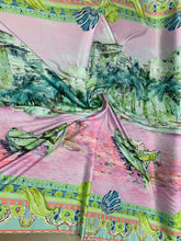Designer digital printed Charmouse fabric 54â wide.  Beautiful pink greenish landscape design sold by the yard. Best use for apparel
