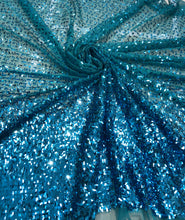 Sequin ombré design, 60” wide.  Beautiful turquoise blue border style sequin.